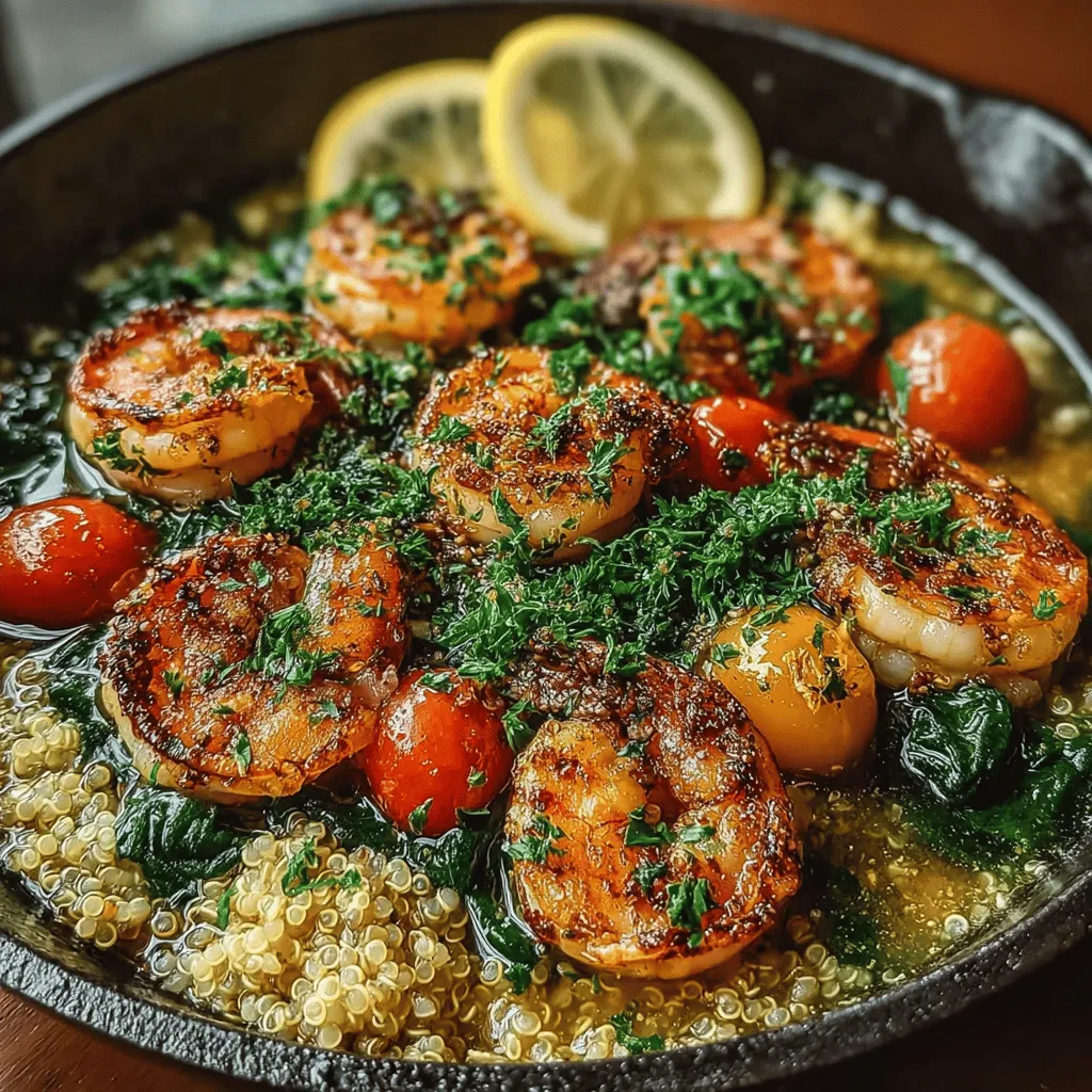 - 1 cup quinoa - 2 cups water or vegetable broth - 1 pound shrimp, peeled and deveined - 3 tablespoons olive oil - 4 cloves garlic, minced - Juice and zest of 1 lemon - Salt and pepper to taste - 2 cups fresh spinach - 1 cup cherry tomatoes, halved - Fresh parsley for garnish (optional)