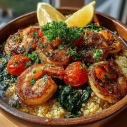 - 1 cup quinoa - 2 cups water or vegetable broth - 1 pound shrimp, peeled and deveined - 3 tablespoons olive oil - 4 cloves garlic, minced - Juice and zest of 1 lemon - Salt and pepper to taste - 2 cups fresh spinach - 1 cup cherry tomatoes, halved - Fresh parsley for garnish (optional)