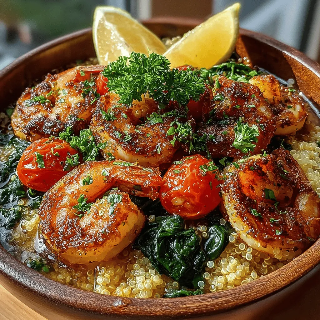 - 1 cup quinoa - 2 cups water or vegetable broth - 1 pound shrimp, peeled and deveined - 3 tablespoons olive oil - 4 cloves garlic, minced - Juice and zest of 1 lemon - Salt and pepper to taste - 2 cups fresh spinach - 1 cup cherry tomatoes, halved - Fresh parsley for garnish (optional)
