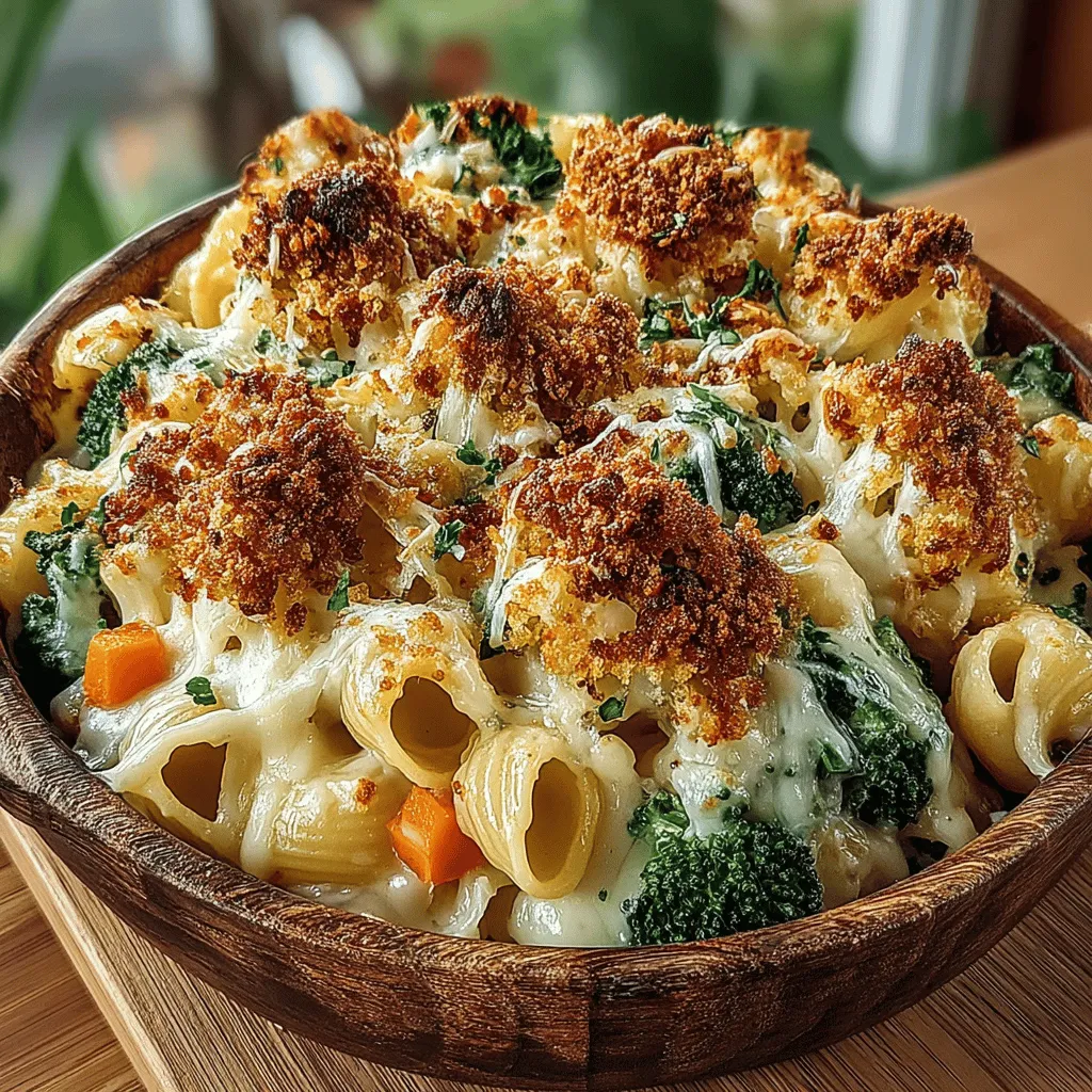 - 2 cups elbow macaroni - 1 cup sharp cheddar cheese, shredded - 1 cup mozzarella cheese, shredded - 1 cup broccoli florets, chopped - 1 cup carrots, diced - 2 tablespoons olive oil - 2 cups milk - 1/4 cup all-purpose flour - 1 teaspoon garlic powder - 1 teaspoon onion powder - 1/2 teaspoon paprika - Salt and pepper to taste - 1/2 cup breadcrumbs - 1/4 cup grated Parmesan cheese