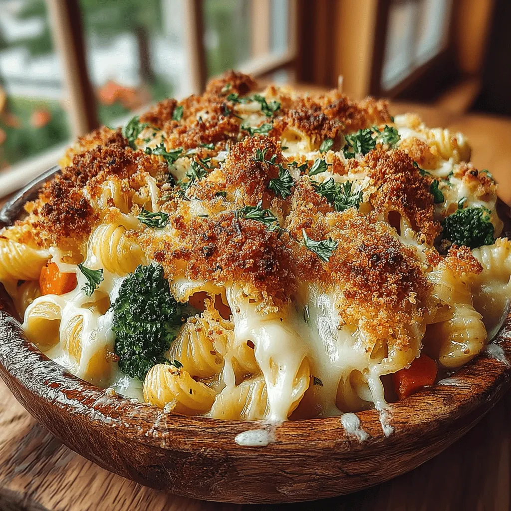 - 2 cups elbow macaroni - 1 cup sharp cheddar cheese, shredded - 1 cup mozzarella cheese, shredded - 1 cup broccoli florets, chopped - 1 cup carrots, diced - 2 tablespoons olive oil - 2 cups milk - 1/4 cup all-purpose flour - 1 teaspoon garlic powder - 1 teaspoon onion powder - 1/2 teaspoon paprika - Salt and pepper to taste - 1/2 cup breadcrumbs - 1/4 cup grated Parmesan cheese