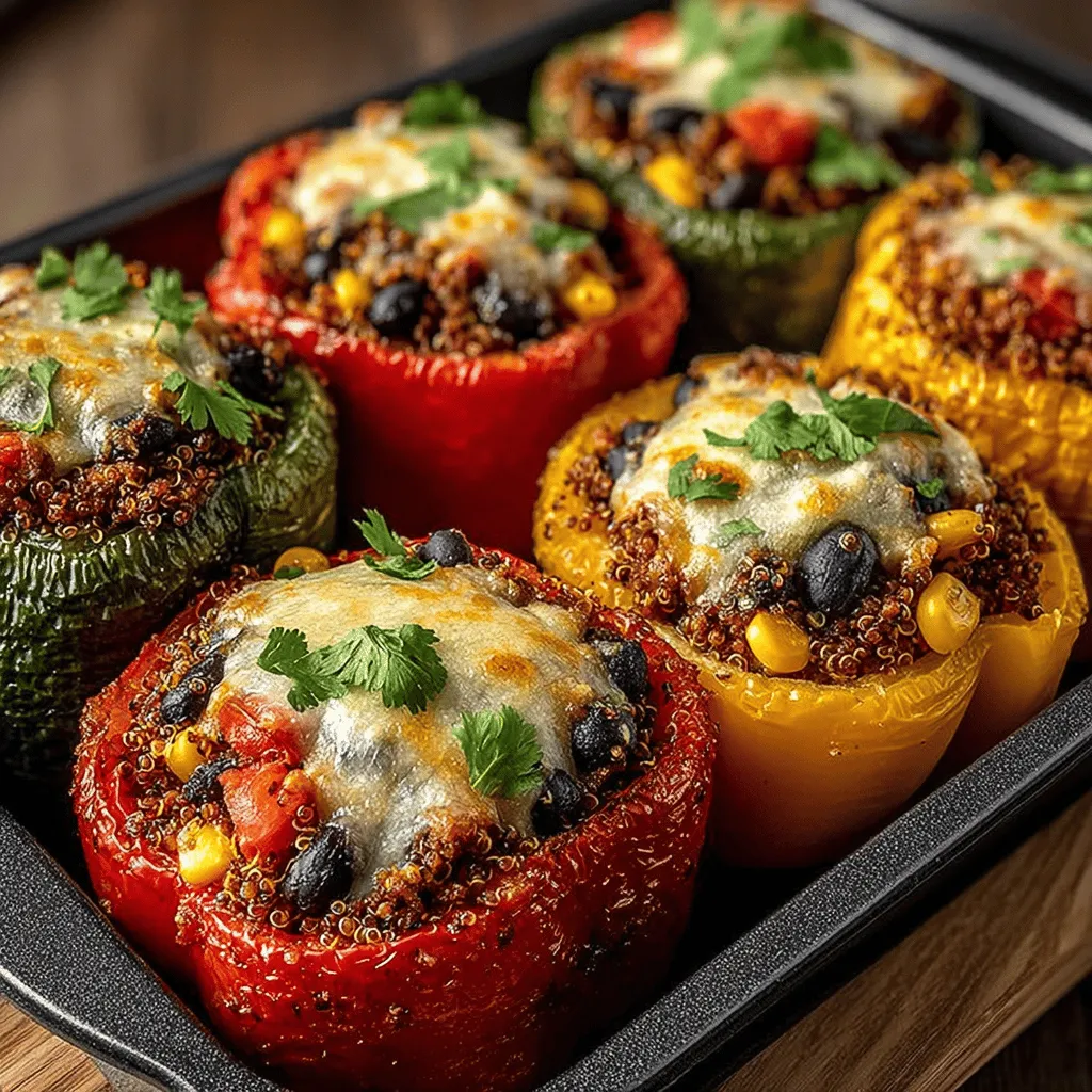 - 4 large bell peppers (any color) - 1 cup quinoa - 1 pound ground turkey - 1 medium onion, diced - 2 cloves garlic, minced - 1 can (14.5 oz) diced tomatoes, drained - 1 teaspoon cumin - 1 teaspoon paprika - 1 teaspoon chili powder - Salt and pepper to taste - 1 cup shredded cheese (cheddar or mozzarella) - Fresh herbs (such as parsley or cilantro) for garnish (optional)
