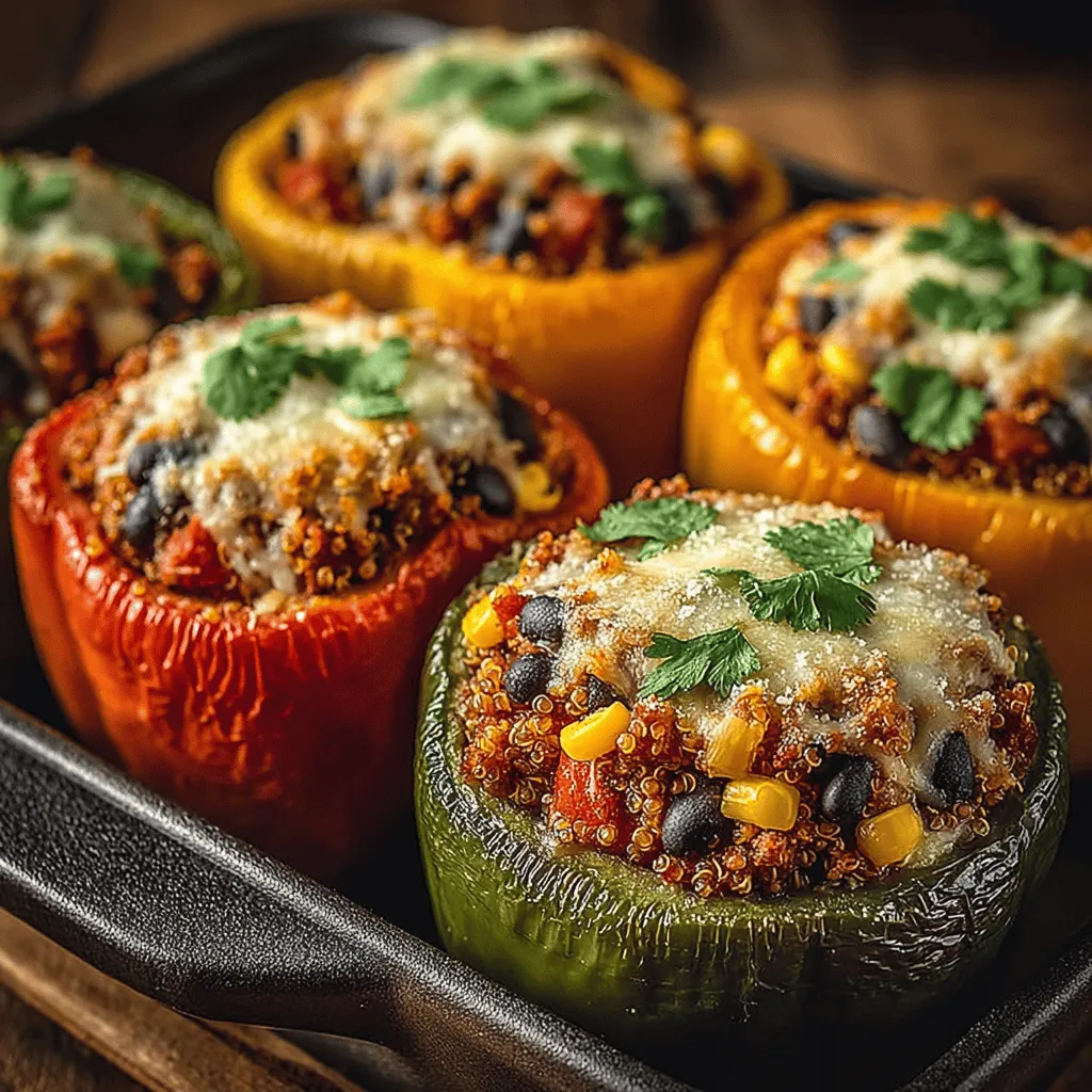 - 4 large bell peppers (any color) - 1 cup quinoa - 1 pound ground turkey - 1 medium onion, diced - 2 cloves garlic, minced - 1 can (14.5 oz) diced tomatoes, drained - 1 teaspoon cumin - 1 teaspoon paprika - 1 teaspoon chili powder - Salt and pepper to taste - 1 cup shredded cheese (cheddar or mozzarella) - Fresh herbs (such as parsley or cilantro) for garnish (optional)