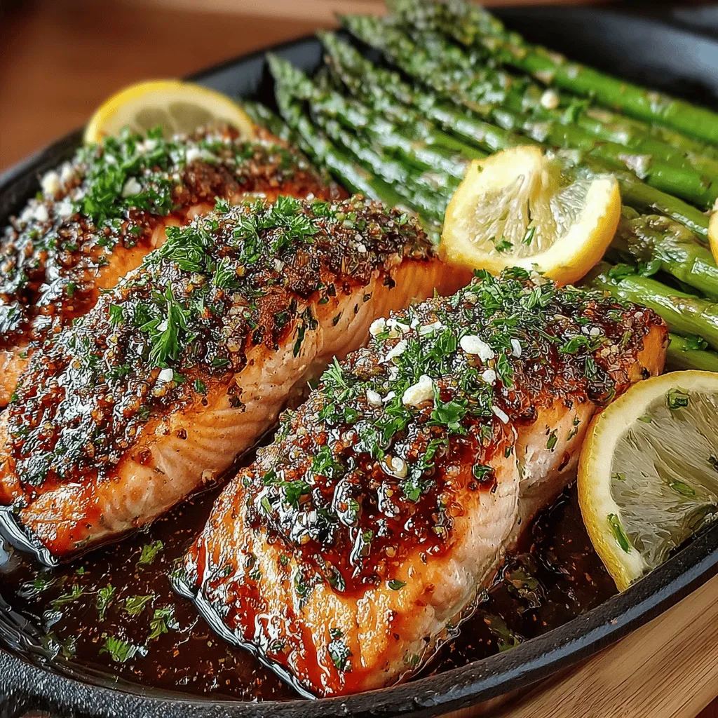 - 2 salmon fillets (about 6 ounces each) - 1 bunch of fresh asparagus (approximately 1 pound) - 2 tablespoons olive oil - Juice and zest of 1 lemon - Juice and zest of 1 orange - 1 teaspoon dried oregano - 1 teaspoon dried thyme - Salt and pepper to taste - Lemon slices for garnish (optional)