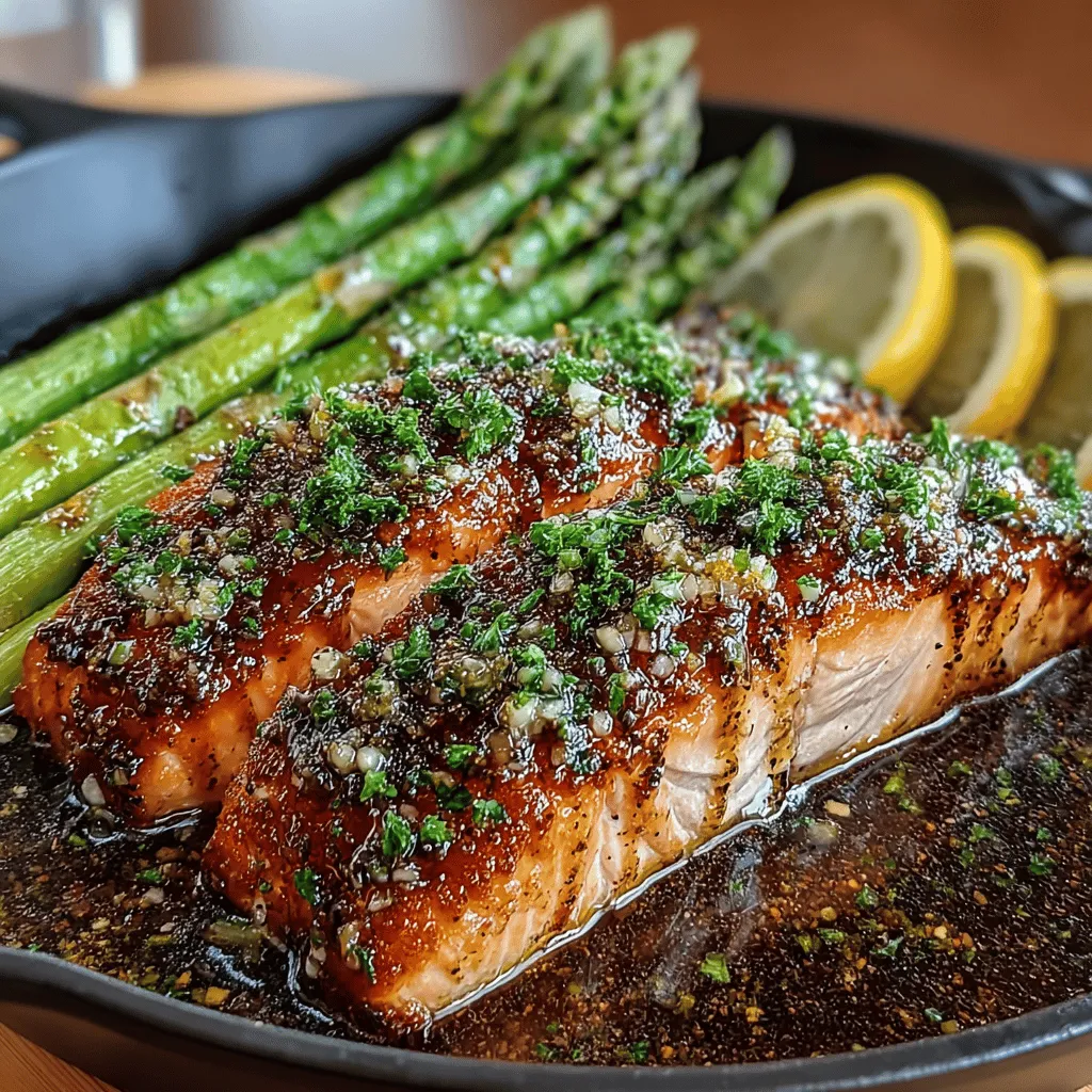 - 2 salmon fillets (about 6 ounces each) - 1 bunch of fresh asparagus (approximately 1 pound) - 2 tablespoons olive oil - Juice and zest of 1 lemon - Juice and zest of 1 orange - 1 teaspoon dried oregano - 1 teaspoon dried thyme - Salt and pepper to taste - Lemon slices for garnish (optional)