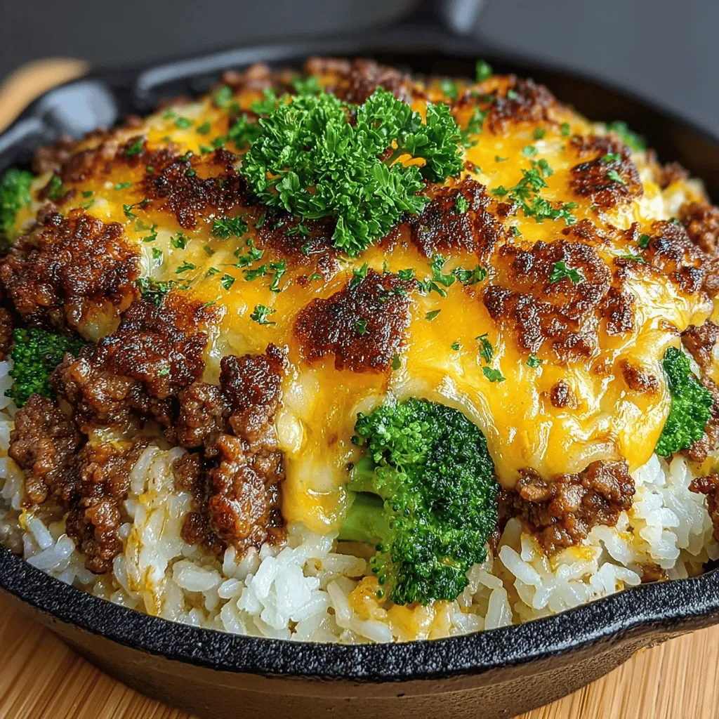 - 1 pound ground beef - 1 cup long-grain rice - 2 cups broccoli florets (fresh or frozen) - 1 medium onion, diced - 2 cloves garlic, minced - 2 cups beef broth - 1 cup shredded cheddar cheese - 2 tablespoons soy sauce - 1 teaspoon paprika - 1/2 teaspoon black pepper - 1/2 teaspoon salt - 2 tablespoons olive oil