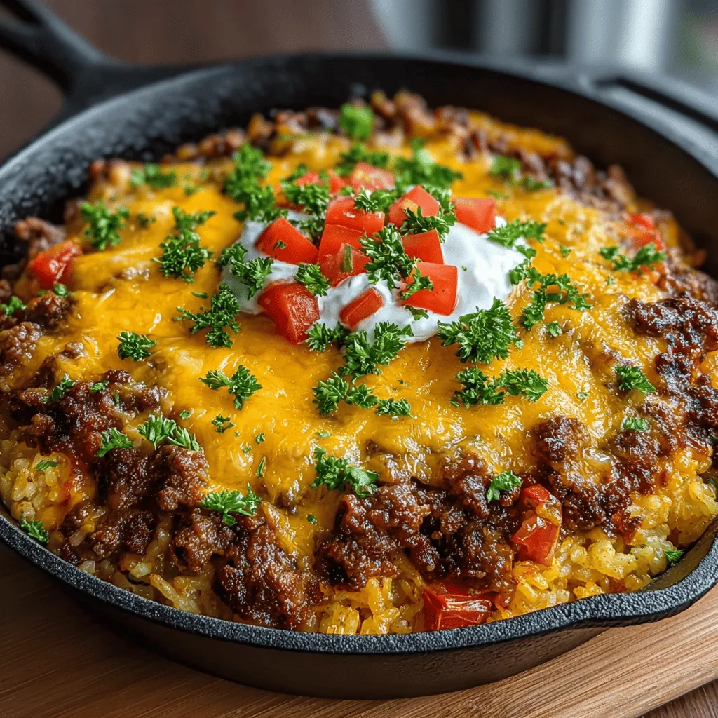 - 1 pound ground beef - 1 medium onion, diced - 2 cloves garlic, minced - 1 cup long-grain white rice - 1 can (14.5 ounces) diced tomatoes with green chilies - 2 cups beef broth - 1 cup frozen mixed vegetables (peas, carrots, corn, etc.) - 1 teaspoon onion powder - 1 teaspoon garlic powder - 1 teaspoon smoked paprika - Salt and pepper to taste - 1 cup shredded cheese (cheddar or a blend)