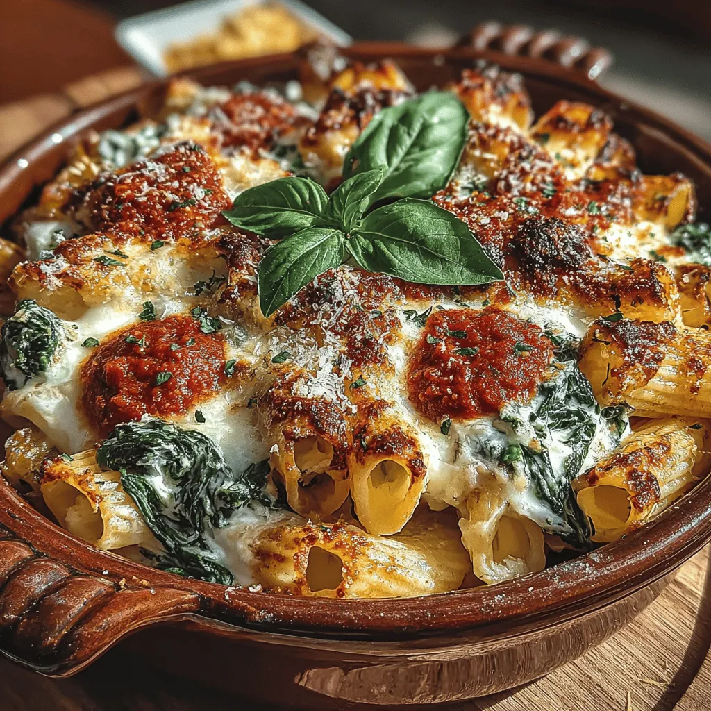 - 12 oz ziti pasta - 2 cups fresh spinach, roughly chopped - 15 oz ricotta cheese - 2 cups marinara sauce - 2 cups shredded mozzarella cheese - 1/2 cup grated Parmesan cheese - 1 large egg - 2 cloves garlic, minced - 1 tsp dried oregano - 1 tsp salt - 1/2 tsp black pepper - Fresh basil leaves for garnish (optional)