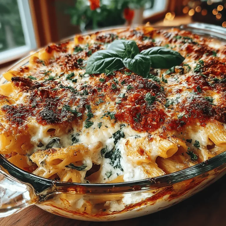 - 12 oz ziti pasta - 2 cups fresh spinach, roughly chopped - 15 oz ricotta cheese - 2 cups marinara sauce - 2 cups shredded mozzarella cheese - 1/2 cup grated Parmesan cheese - 1 large egg - 2 cloves garlic, minced - 1 tsp dried oregano - 1 tsp salt - 1/2 tsp black pepper - Fresh basil leaves for garnish (optional)