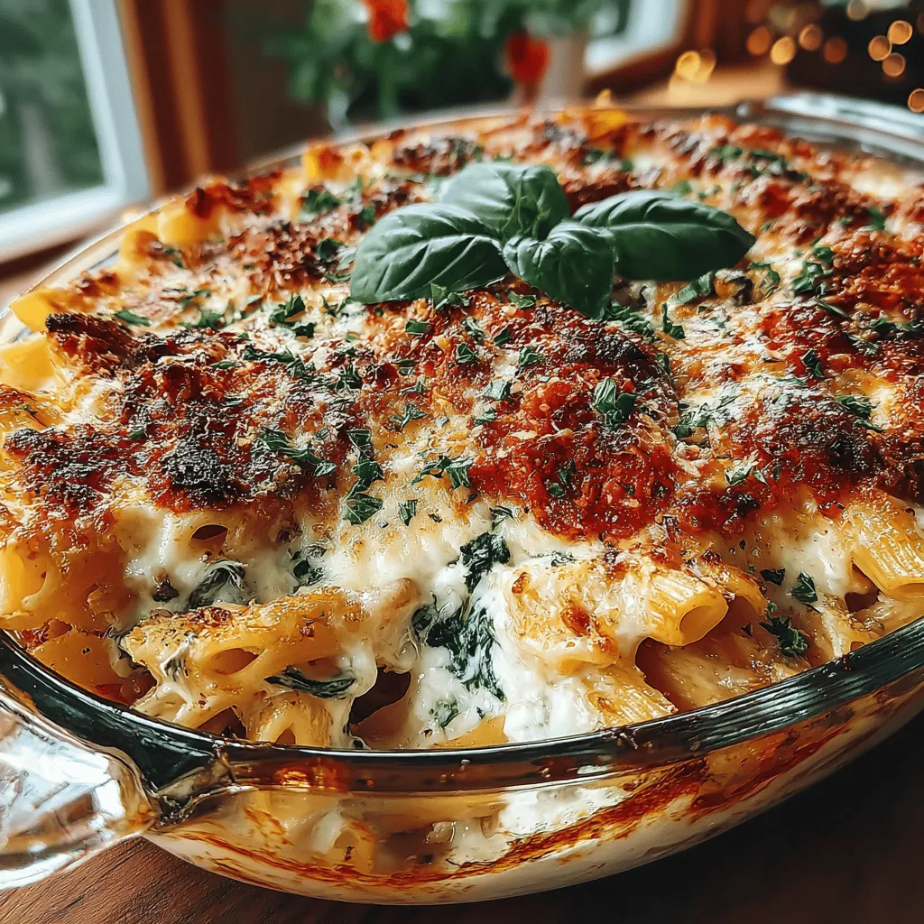 - 12 oz ziti pasta - 2 cups fresh spinach, roughly chopped - 15 oz ricotta cheese - 2 cups marinara sauce - 2 cups shredded mozzarella cheese - 1/2 cup grated Parmesan cheese - 1 large egg - 2 cloves garlic, minced - 1 tsp dried oregano - 1 tsp salt - 1/2 tsp black pepper - Fresh basil leaves for garnish (optional)
