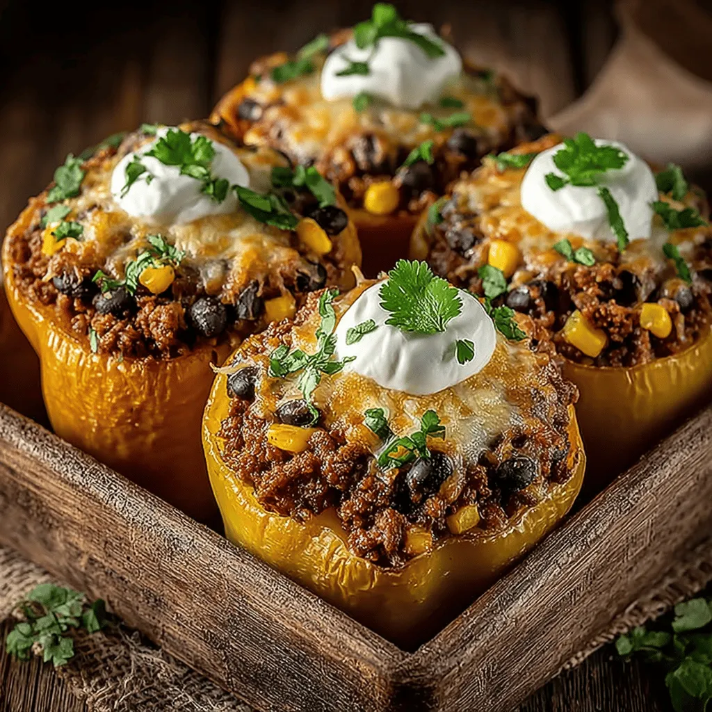 - 4 large bell peppers (any color) - 1 pound ground beef or turkey - 1 cup cooked rice (jasmine or brown rice) - 1 can (15 oz) black beans, rinsed and drained - 1 cup corn (fresh, frozen, or canned) - 1 packet taco seasoning (or homemade) - 1 can (14.5 oz) diced tomatoes - 1 cup shredded cheese (cheddar, Monterey Jack, or a blend) - 1 small onion, diced - 2 cloves garlic, minced - Fresh cilantro, for garnish - Sour cream, for serving