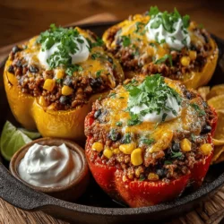 - 4 large bell peppers (any color) - 1 pound ground beef or turkey - 1 cup cooked rice (jasmine or brown rice) - 1 can (15 oz) black beans, rinsed and drained - 1 cup corn (fresh, frozen, or canned) - 1 packet taco seasoning (or homemade) - 1 can (14.5 oz) diced tomatoes - 1 cup shredded cheese (cheddar, Monterey Jack, or a blend) - 1 small onion, diced - 2 cloves garlic, minced - Fresh cilantro, for garnish - Sour cream, for serving