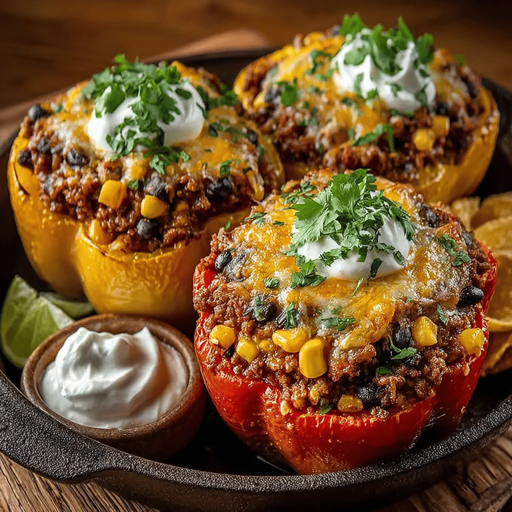 - 4 large bell peppers (any color) - 1 pound ground beef or turkey - 1 cup cooked rice (jasmine or brown rice) - 1 can (15 oz) black beans, rinsed and drained - 1 cup corn (fresh, frozen, or canned) - 1 packet taco seasoning (or homemade) - 1 can (14.5 oz) diced tomatoes - 1 cup shredded cheese (cheddar, Monterey Jack, or a blend) - 1 small onion, diced - 2 cloves garlic, minced - Fresh cilantro, for garnish - Sour cream, for serving