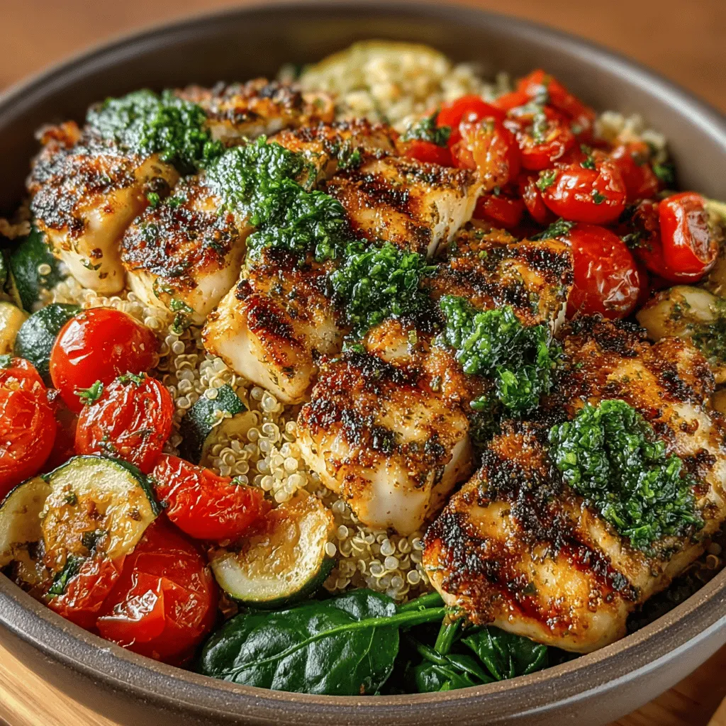 - 2 boneless, skinless chicken breasts - 1 cup quinoa - 2 cups vegetable or chicken broth - 1 cup cherry tomatoes, halved - 1 bell pepper, diced (any color) - 1 zucchini, diced - 1 cup spinach or kale - 2 tablespoons olive oil - 1 teaspoon garlic powder - 1 teaspoon dried Italian herbs (such as basil, oregano, and thyme) - Fresh parsley for garnish - Salt and pepper, to taste