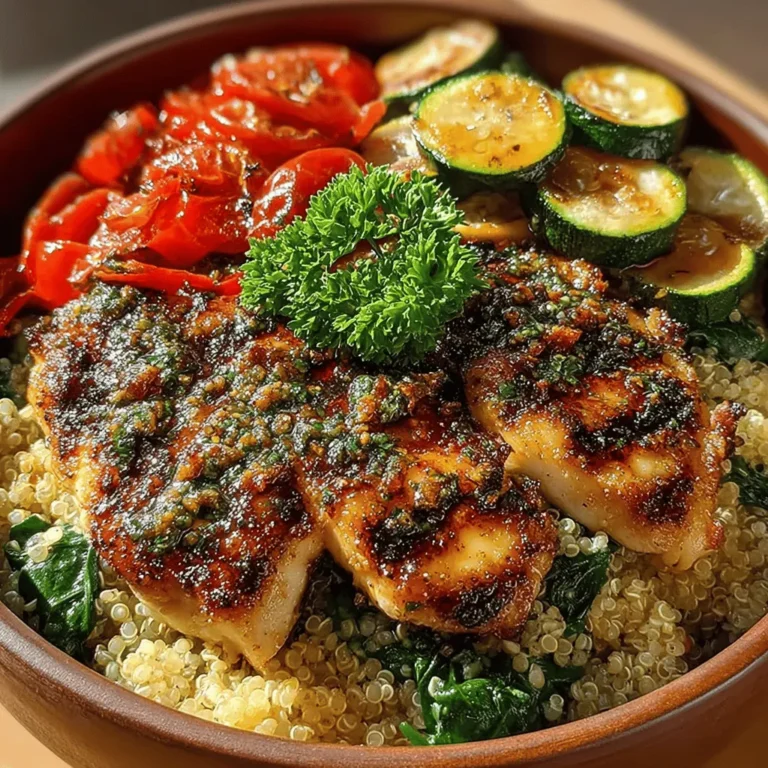 - 2 boneless, skinless chicken breasts - 1 cup quinoa - 2 cups vegetable or chicken broth - 1 cup cherry tomatoes, halved - 1 bell pepper, diced (any color) - 1 zucchini, diced - 1 cup spinach or kale - 2 tablespoons olive oil - 1 teaspoon garlic powder - 1 teaspoon dried Italian herbs (such as basil, oregano, and thyme) - Fresh parsley for garnish - Salt and pepper, to taste