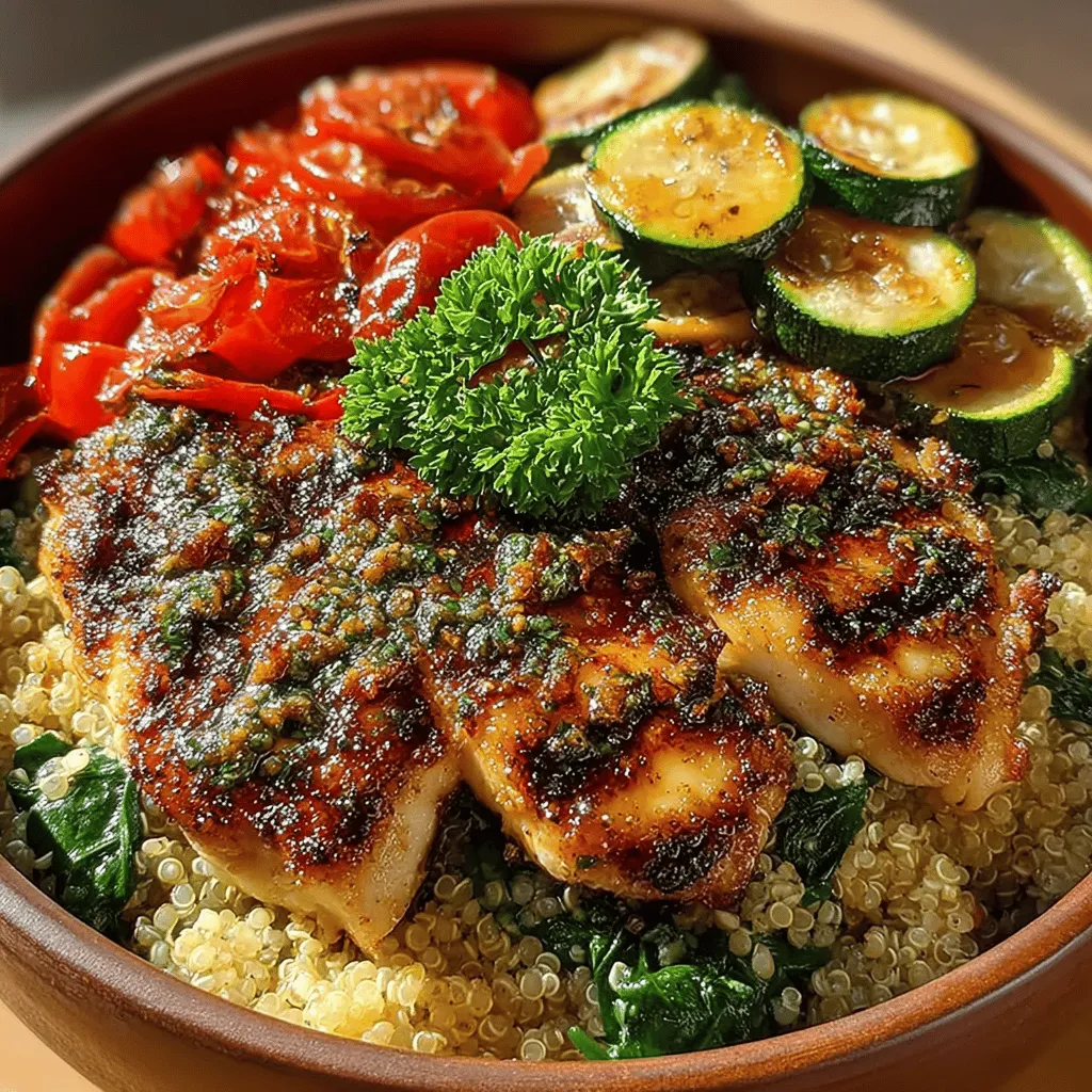 - 2 boneless, skinless chicken breasts - 1 cup quinoa - 2 cups vegetable or chicken broth - 1 cup cherry tomatoes, halved - 1 bell pepper, diced (any color) - 1 zucchini, diced - 1 cup spinach or kale - 2 tablespoons olive oil - 1 teaspoon garlic powder - 1 teaspoon dried Italian herbs (such as basil, oregano, and thyme) - Fresh parsley for garnish - Salt and pepper, to taste