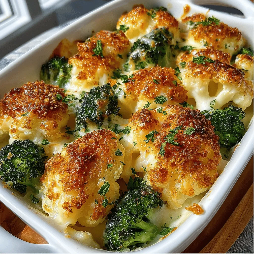 - 2 cups fresh broccoli florets - 2 cups fresh cauliflower florets - 1 cup sharp cheddar cheese, shredded - 1 cup mozzarella cheese, shredded - 1/2 cup milk - 1/4 cup cream cheese, softened - 1/2 teaspoon garlic powder - 1/2 teaspoon onion powder - 1/4 teaspoon black pepper - 1/2 cup panko breadcrumbs - 2 tablespoons olive oil - Salt to taste