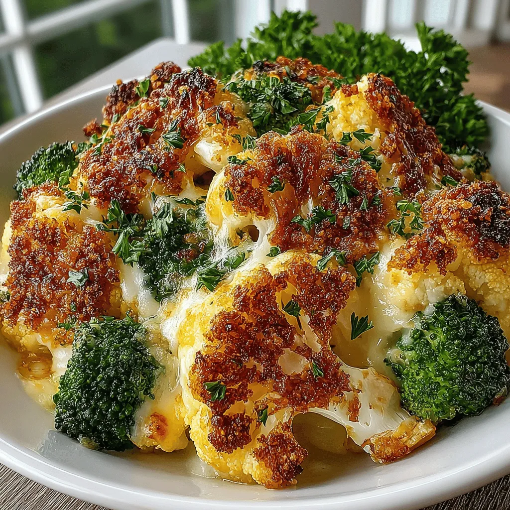 - 2 cups fresh broccoli florets - 2 cups fresh cauliflower florets - 1 cup sharp cheddar cheese, shredded - 1 cup mozzarella cheese, shredded - 1/2 cup milk - 1/4 cup cream cheese, softened - 1/2 teaspoon garlic powder - 1/2 teaspoon onion powder - 1/4 teaspoon black pepper - 1/2 cup panko breadcrumbs - 2 tablespoons olive oil - Salt to taste