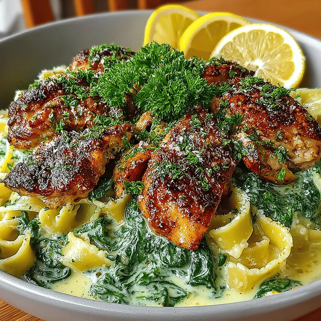 - 8 ounces of pasta (fettuccine, penne, or your choice) - 1 pound of boneless, skinless chicken breasts - 2 cups of fresh spinach - 4 cloves of garlic, minced - 1 cup of heavy cream - 1/2 cup of grated Parmesan cheese - 2 tablespoons of olive oil - Salt and pepper to taste - Fresh parsley, chopped (for garnish)