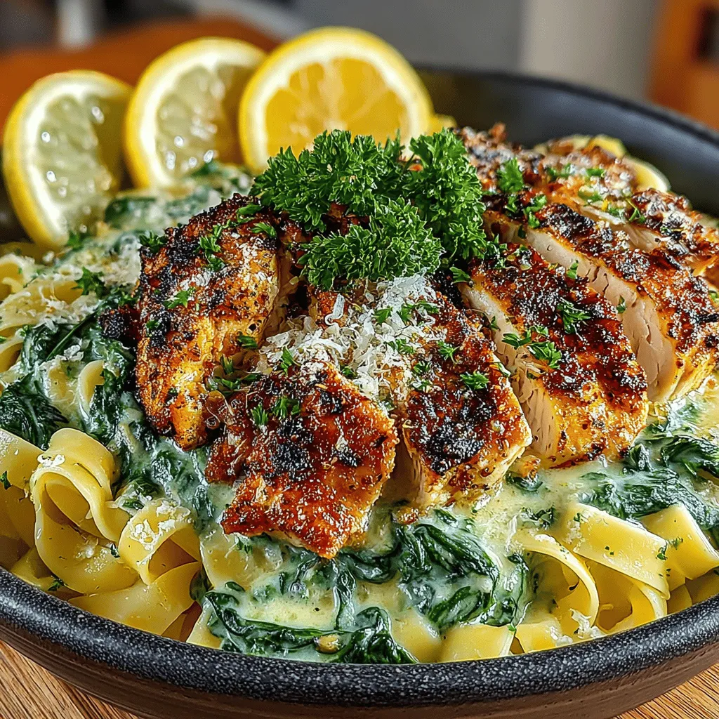 - 8 ounces of pasta (fettuccine, penne, or your choice) - 1 pound of boneless, skinless chicken breasts - 2 cups of fresh spinach - 4 cloves of garlic, minced - 1 cup of heavy cream - 1/2 cup of grated Parmesan cheese - 2 tablespoons of olive oil - Salt and pepper to taste - Fresh parsley, chopped (for garnish)